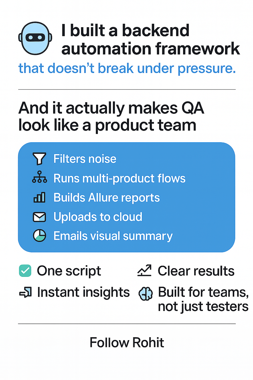 A robust backend automation framework transforms QA into a product team by filtering noise, running multi-product flows, building Allure reports, uploading to the cloud, and emailing visual summaries — all in one script for clear results and instant insights.