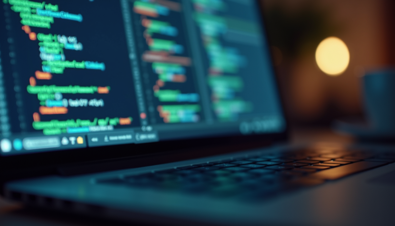 Close-up view of a laptop displaying code while testing software.
