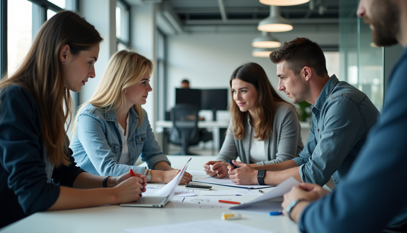 Eye-level view of a testing team collaborating in a modern office setting.
