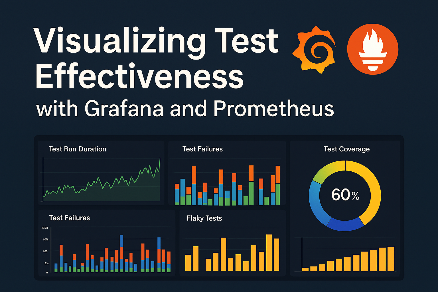 Visual representation of test effectiveness metrics using Grafana and Prometheus, showing test run duration, failures, flaky tests, and coverage.